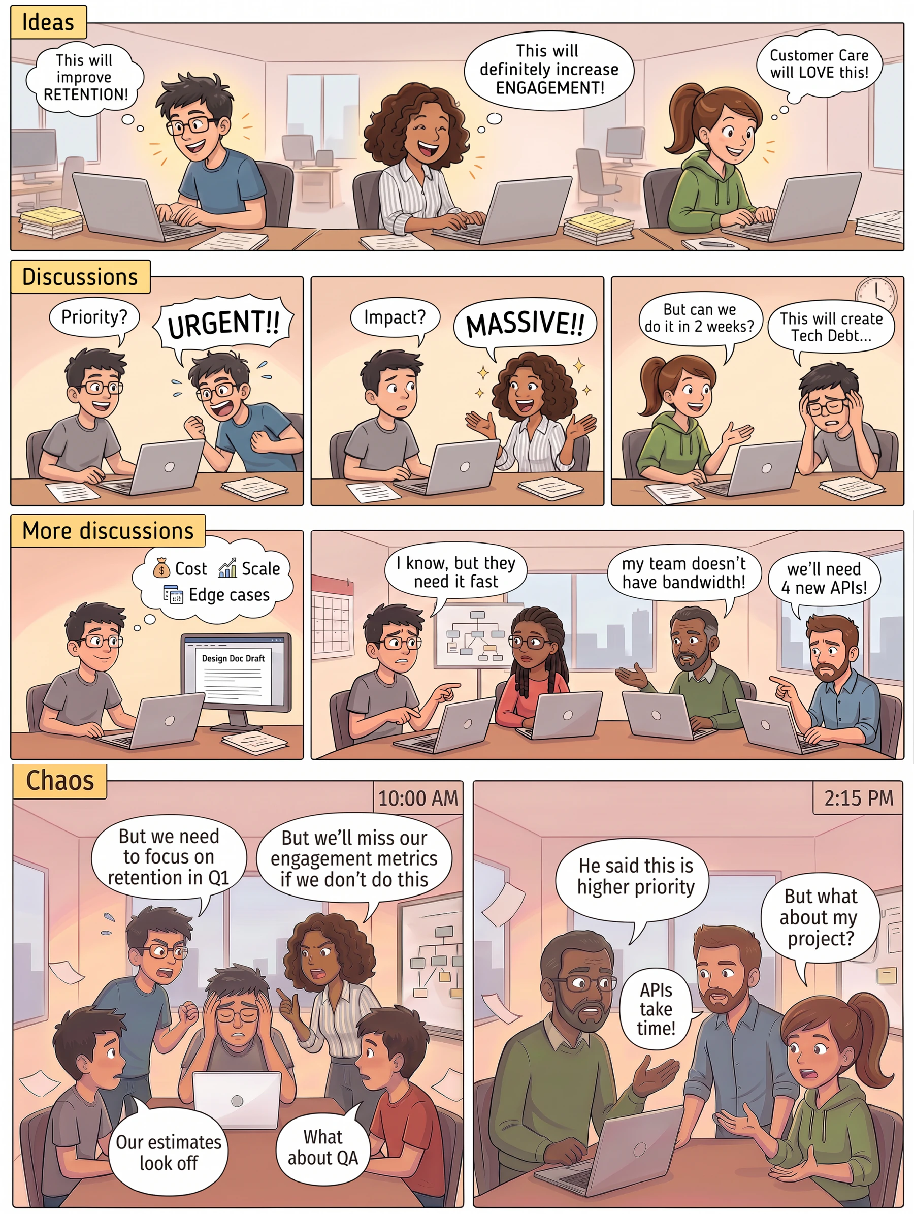 A comic in four stages: Ideas, Discussions, More discussions and Chaos, showing everyone's ideas colliding over priorities, impact, bandwidth and deadlines