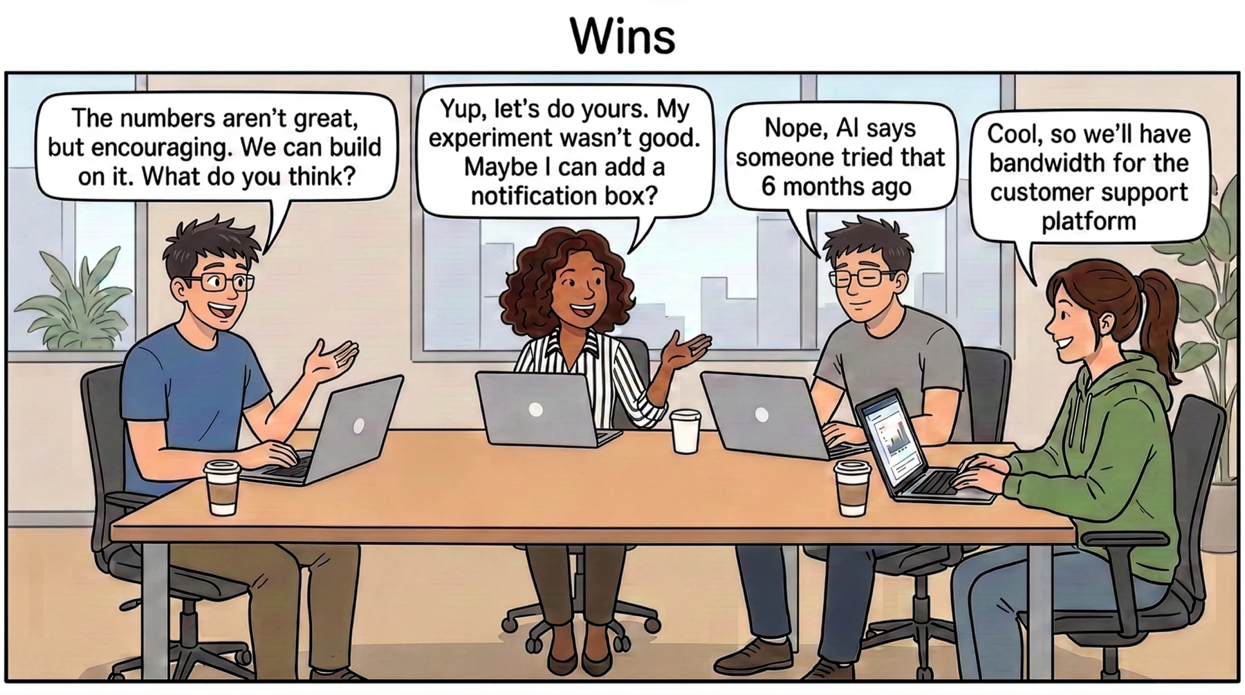 A comic titled Wins: the team calmly reviews experiment results, picks the promising idea to build on, skips one AI flags as tried six months ago, and frees up bandwidth for other work